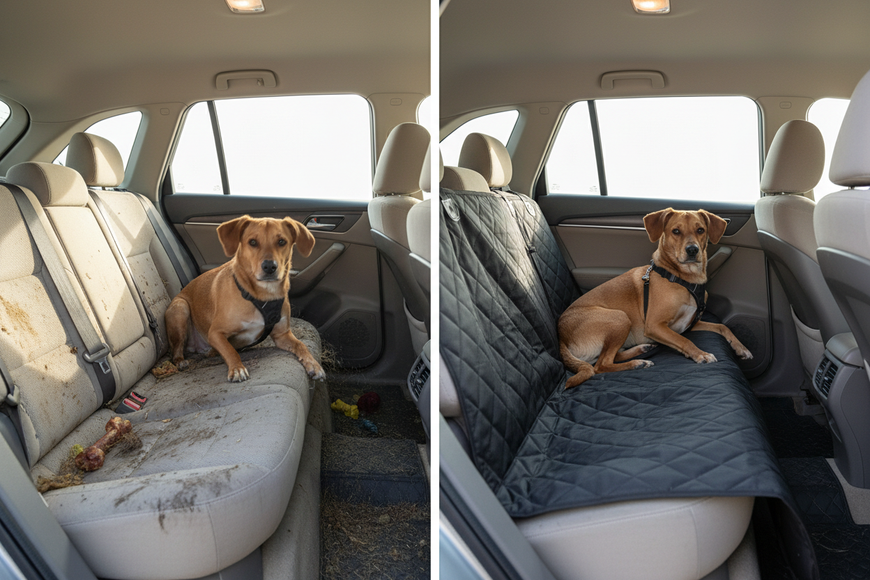 Split-screen realistic lifestyle image. Left side shows messy car back seat with dog fur, muddy paw prints, and a dog moving around. Right side shows the same car interior clean and organized with a black dog car seat cover hammock installed. Dog sitting calmly and secured. Natural daylight. Same car, same dog, same angle for clear contrast. No humans visible. Neutral modern car interior. Clean, premium look on the right side. Clear before and after contrast. Photorealistic. No text. No icons. No logos. Hig